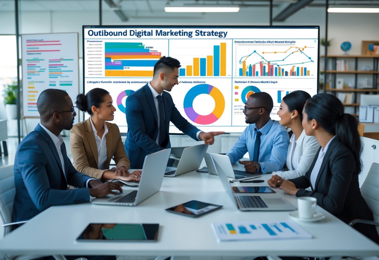 A diverse group of professionals collaborating around a table with digital devices, looking at a screen showing charts and audience data in a modern office.