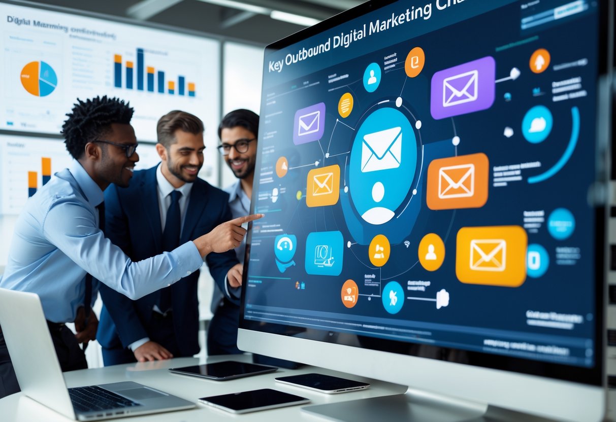 A diverse team of marketing professionals collaborating around a digital touchscreen displaying icons of outbound digital marketing channels in a modern office.