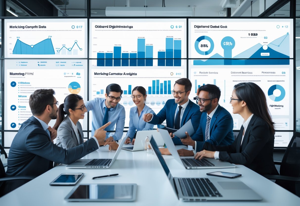 A team of professionals collaborating in an office around digital devices displaying marketing data and charts.