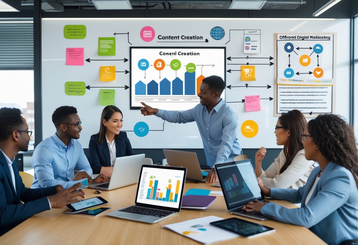 A diverse team of professionals collaborating around a table with laptops and digital devices, discussing a digital marketing strategy in a bright office.