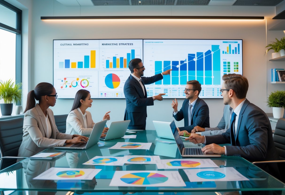 A group of business professionals collaborating around a table with laptops and charts, discussing data and marketing strategies in a modern office.