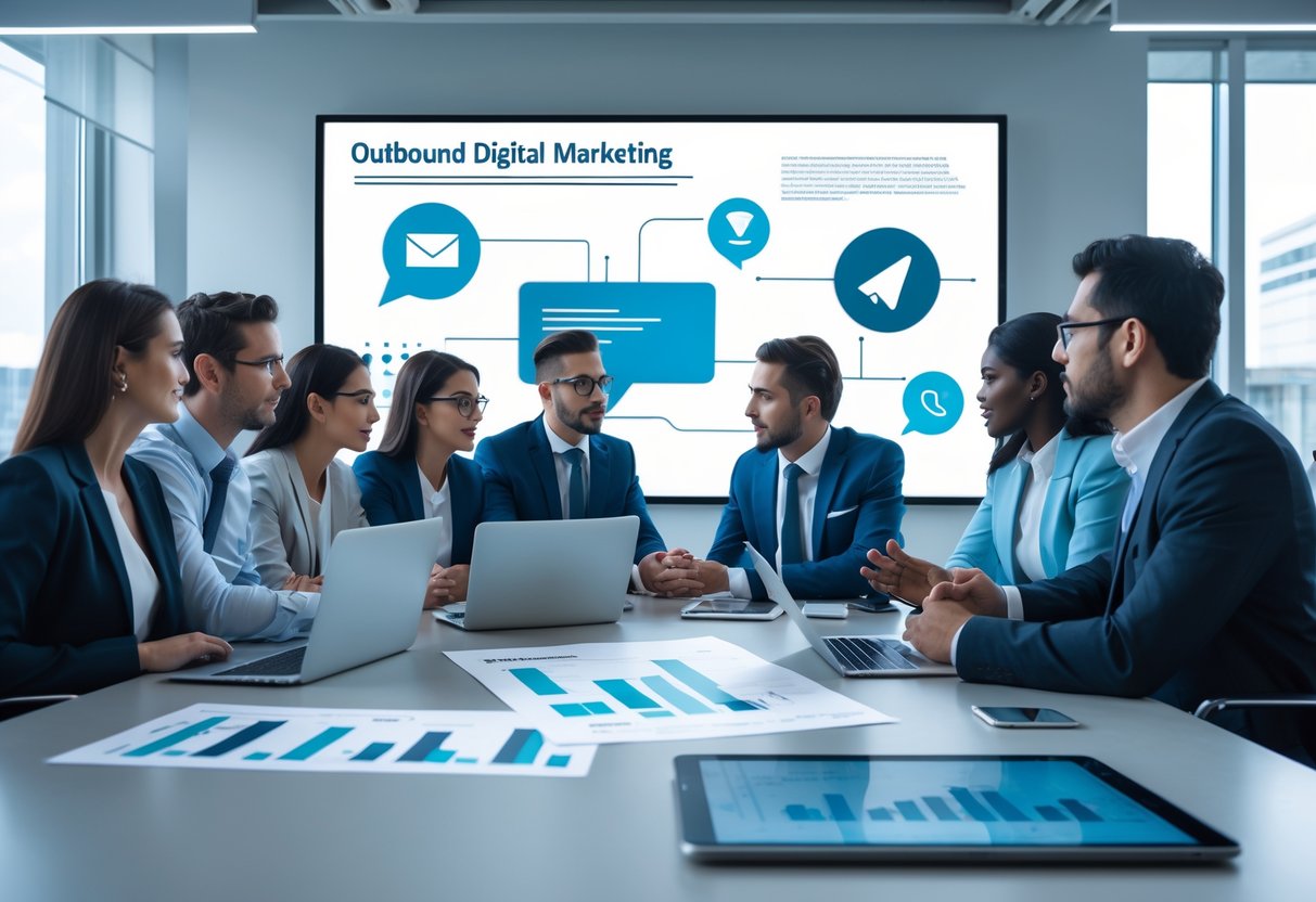 A group of business professionals collaborating around a table with laptops and charts in a modern office.