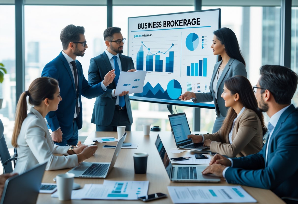 A group of business professionals collaborating around a table with charts and laptops in a bright office.