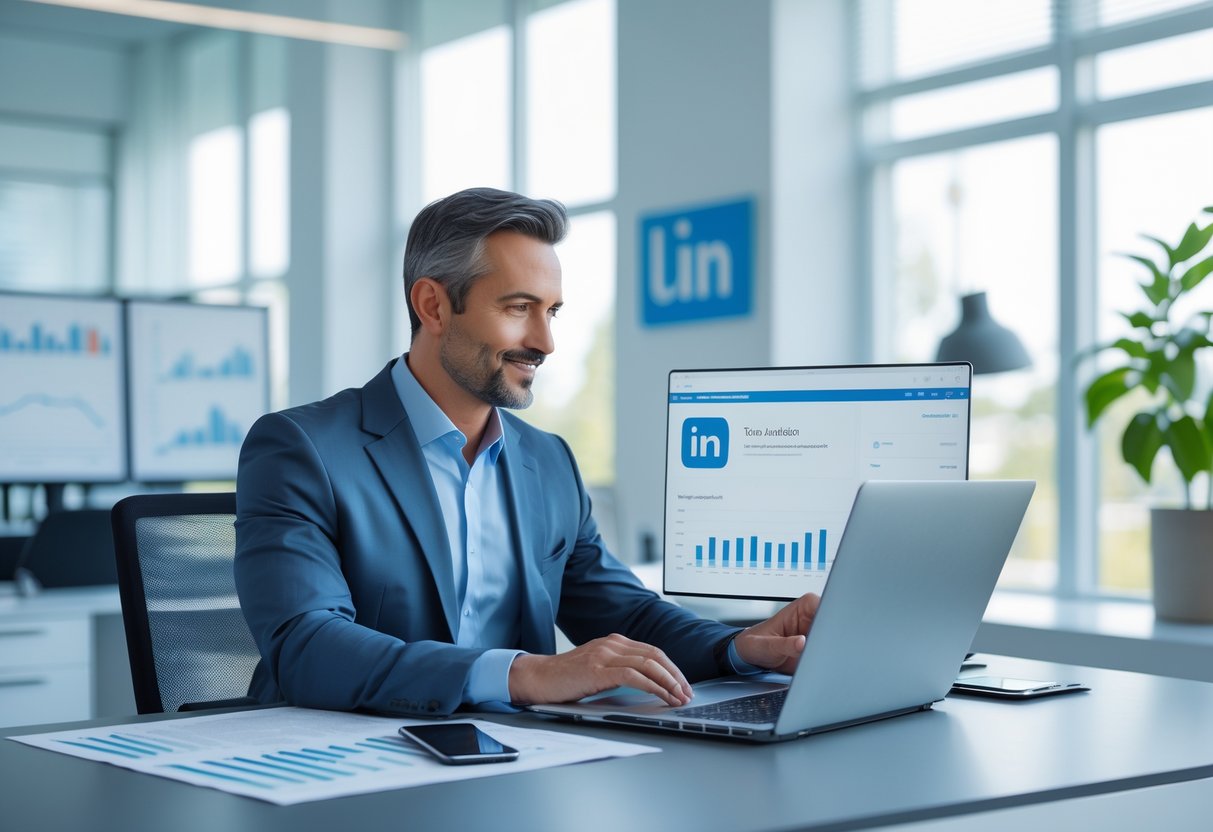 A financial advisor in business attire working on a laptop at a modern office desk with financial charts and a smartphone nearby.