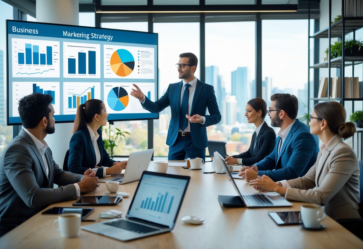 A group of business professionals in a meeting room discussing marketing strategies with charts and laptops.