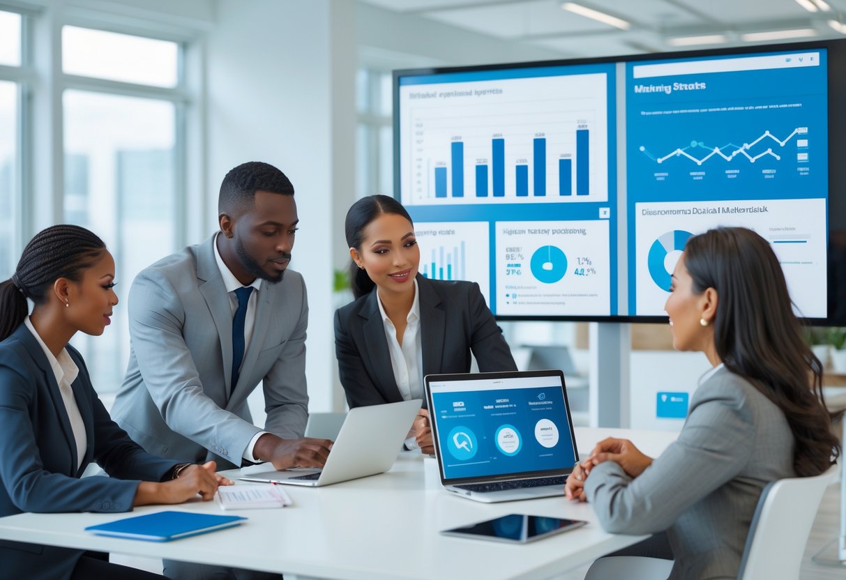 A group of financial advisors working together in an office, reviewing charts and digital screens during a marketing strategy meeting.