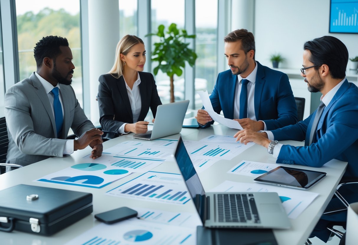 A group of business professionals meeting around a conference table reviewing documents and digital devices in a modern office.