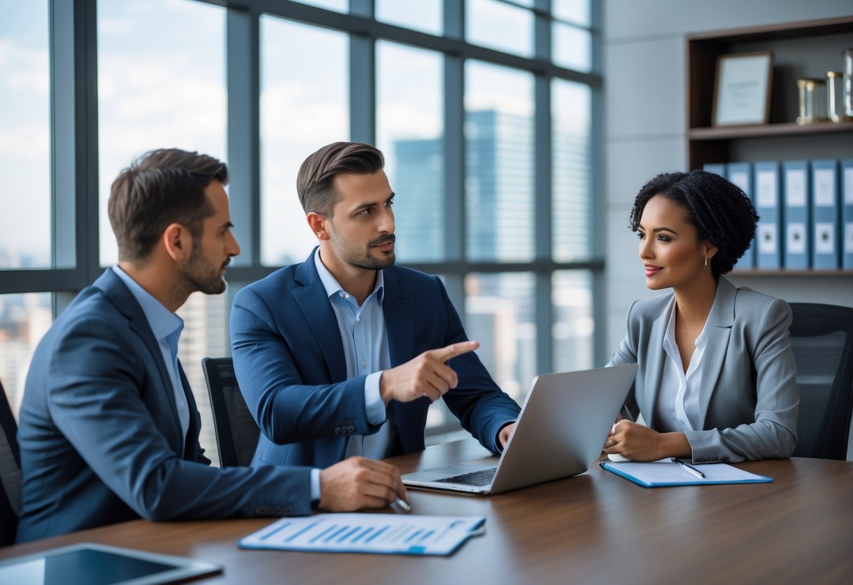 A business broker discussing financial data with two clients at a conference table in a modern office.