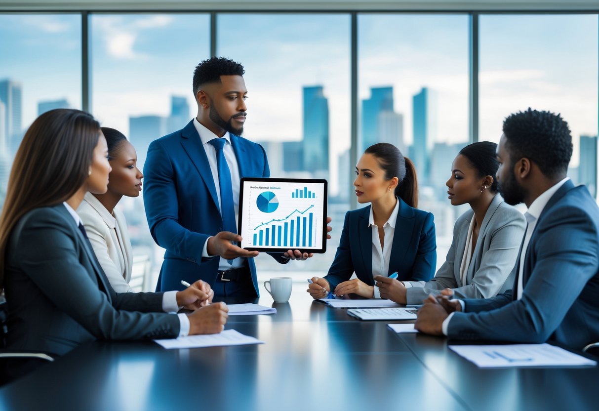 A group of business professionals having a meeting in a modern office with a city skyline visible through large windows.