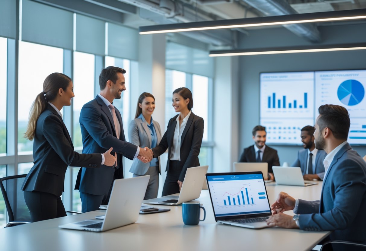 A group of financial advisors in a modern office networking and discussing financial data with laptops and charts.