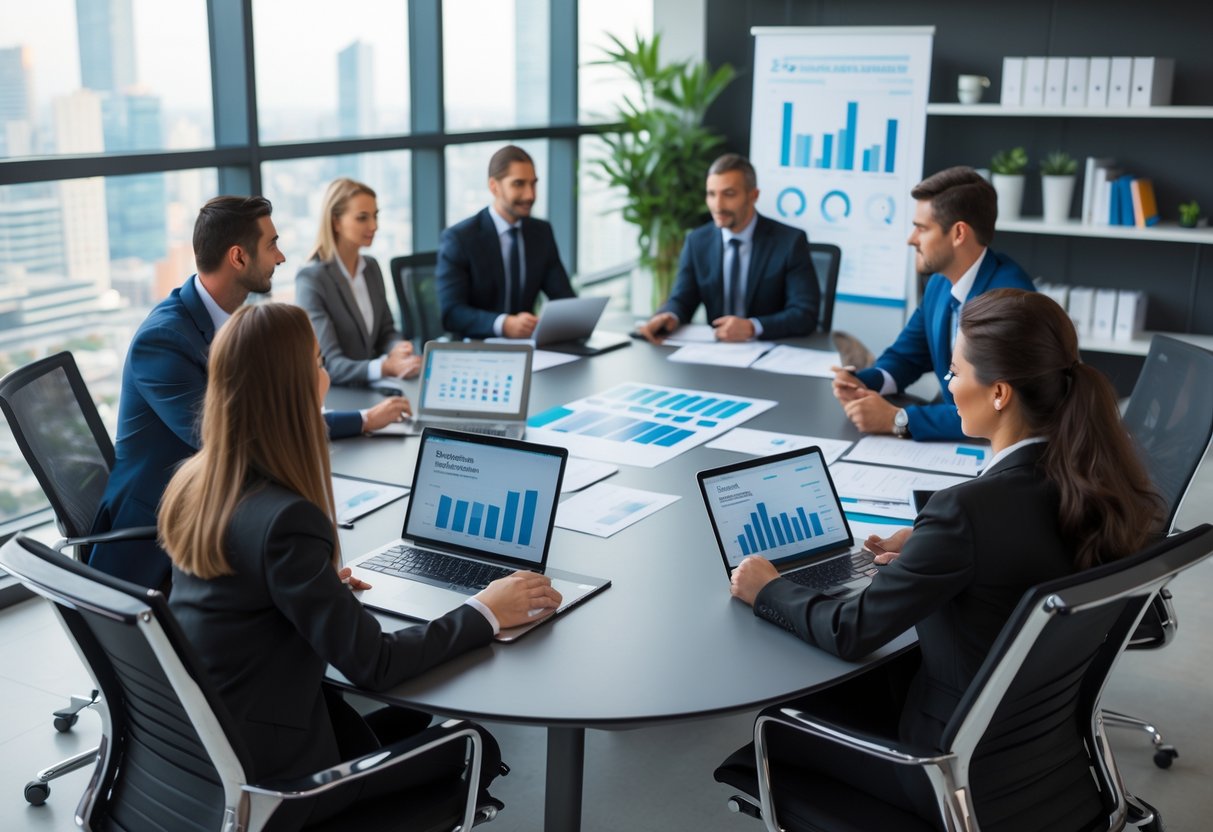 A group of business professionals meeting around a conference table with laptops and documents in a modern office.