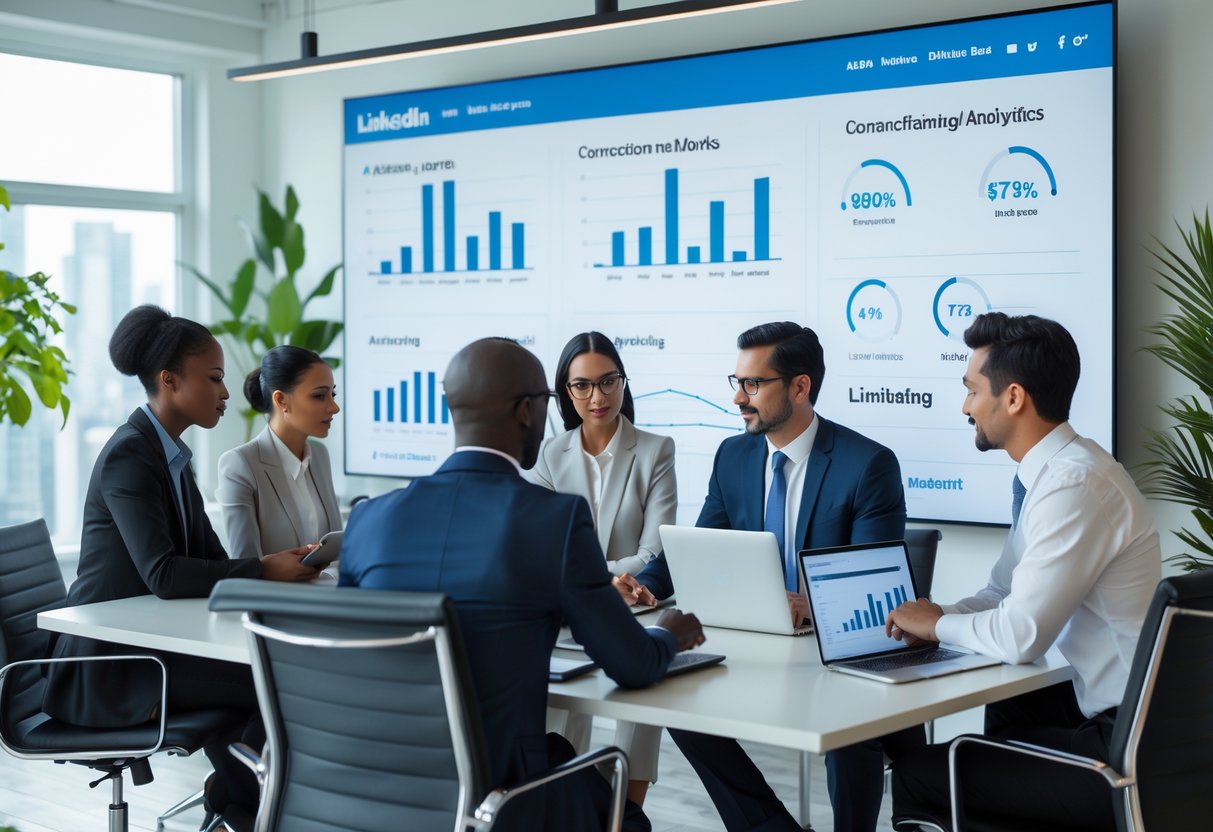 A group of financial advisors in a modern office collaborating around a table with laptops and a large screen showing LinkedIn marketing visuals.