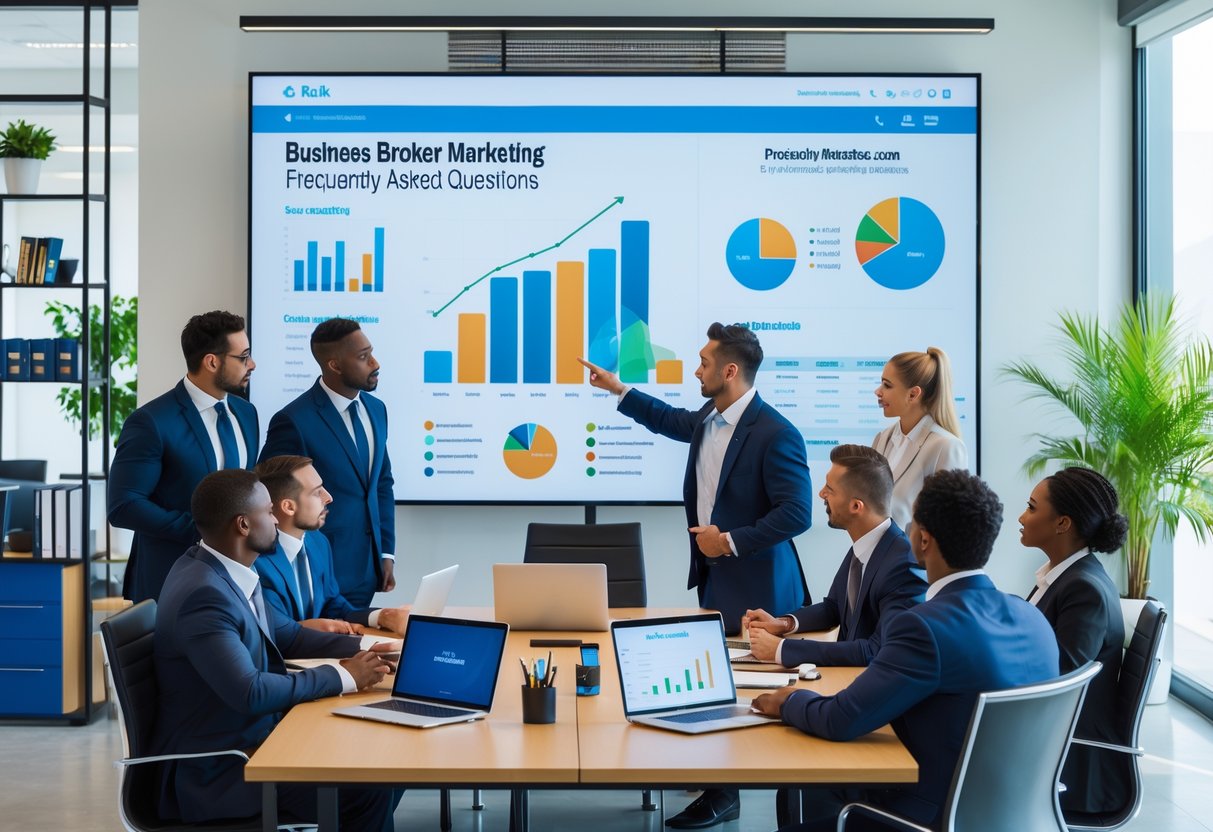 A group of business professionals discussing marketing data around a conference table in a modern office.