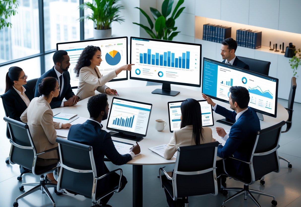 A group of financial advisors working together around a conference table, reviewing charts and data on computer screens in a bright office.