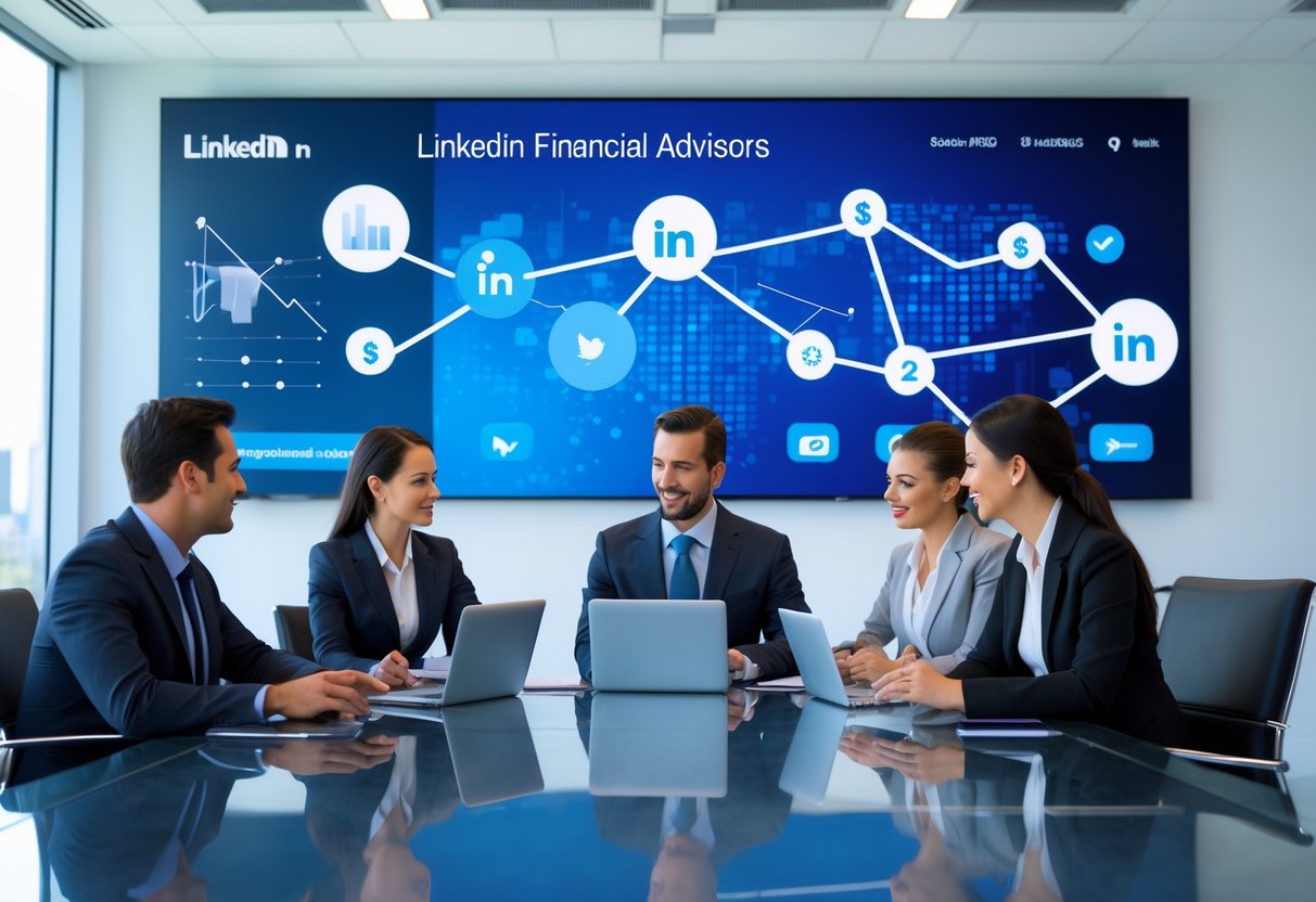 Three financial advisors in business attire discussing marketing strategies around a conference table with laptops and digital screens showing financial charts and social media icons.