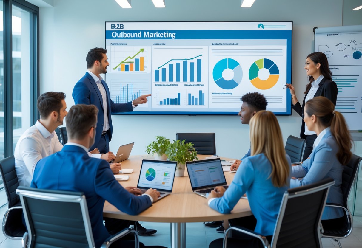 Business professionals in a modern office collaborating around a table with digital screens showing marketing data.