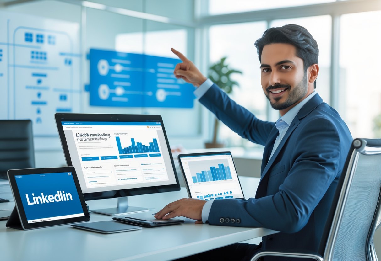 A business professional working at a desk with a laptop and tablet, analyzing marketing charts and planning a strategy in a bright office.