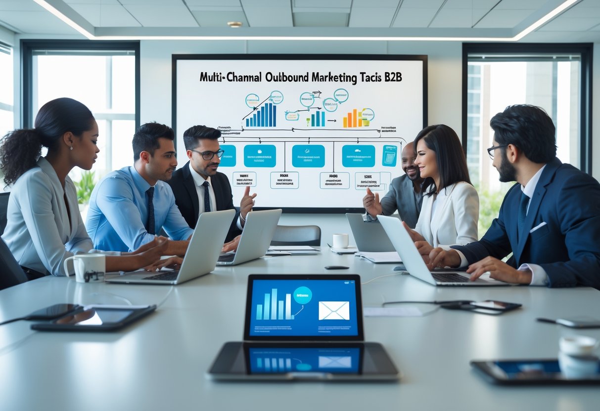 Business professionals collaborating around a conference table with laptops and digital devices, discussing marketing strategies in an office.