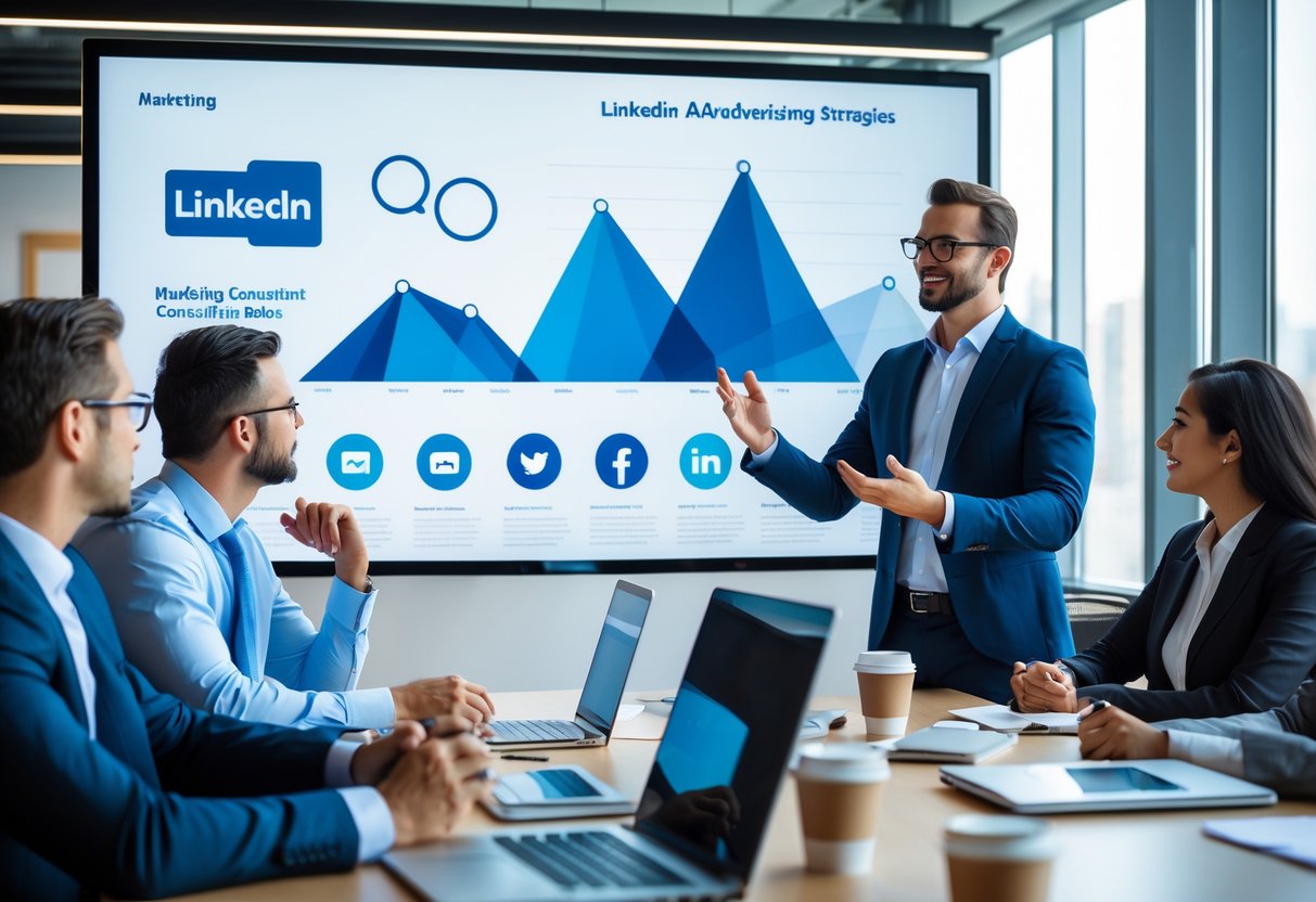 A marketing consultant presenting advertising strategies to a group of business professionals in a modern office meeting room.