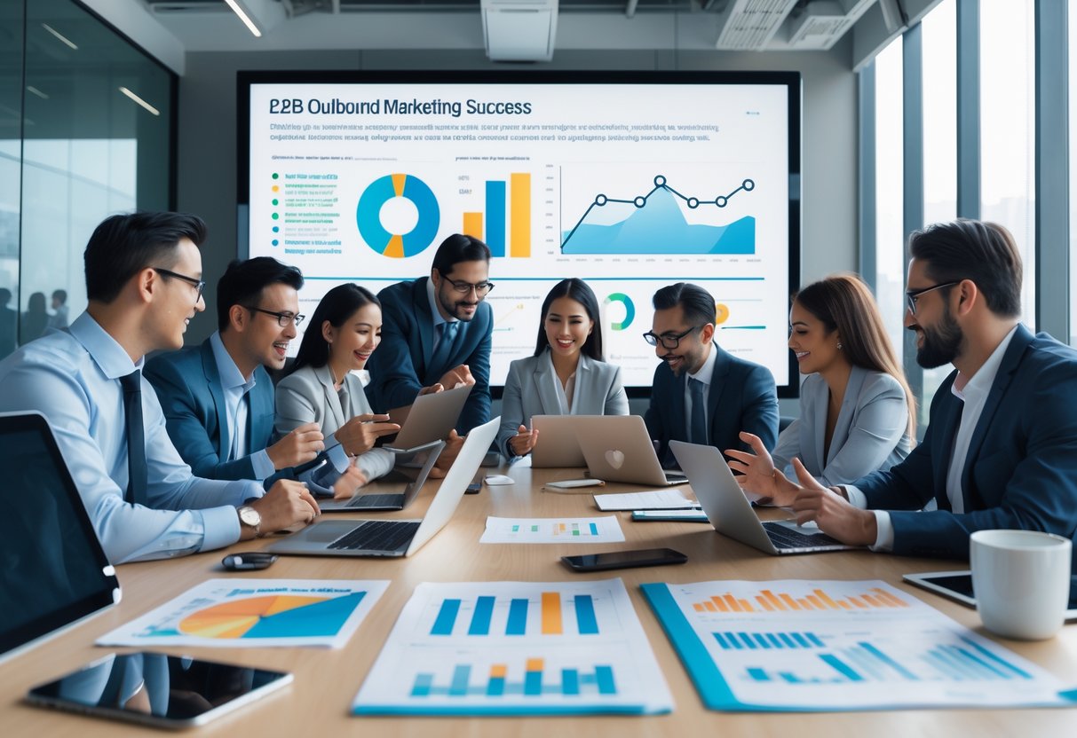 A group of business professionals collaborating around a table with laptops and charts, analyzing marketing data in an office.