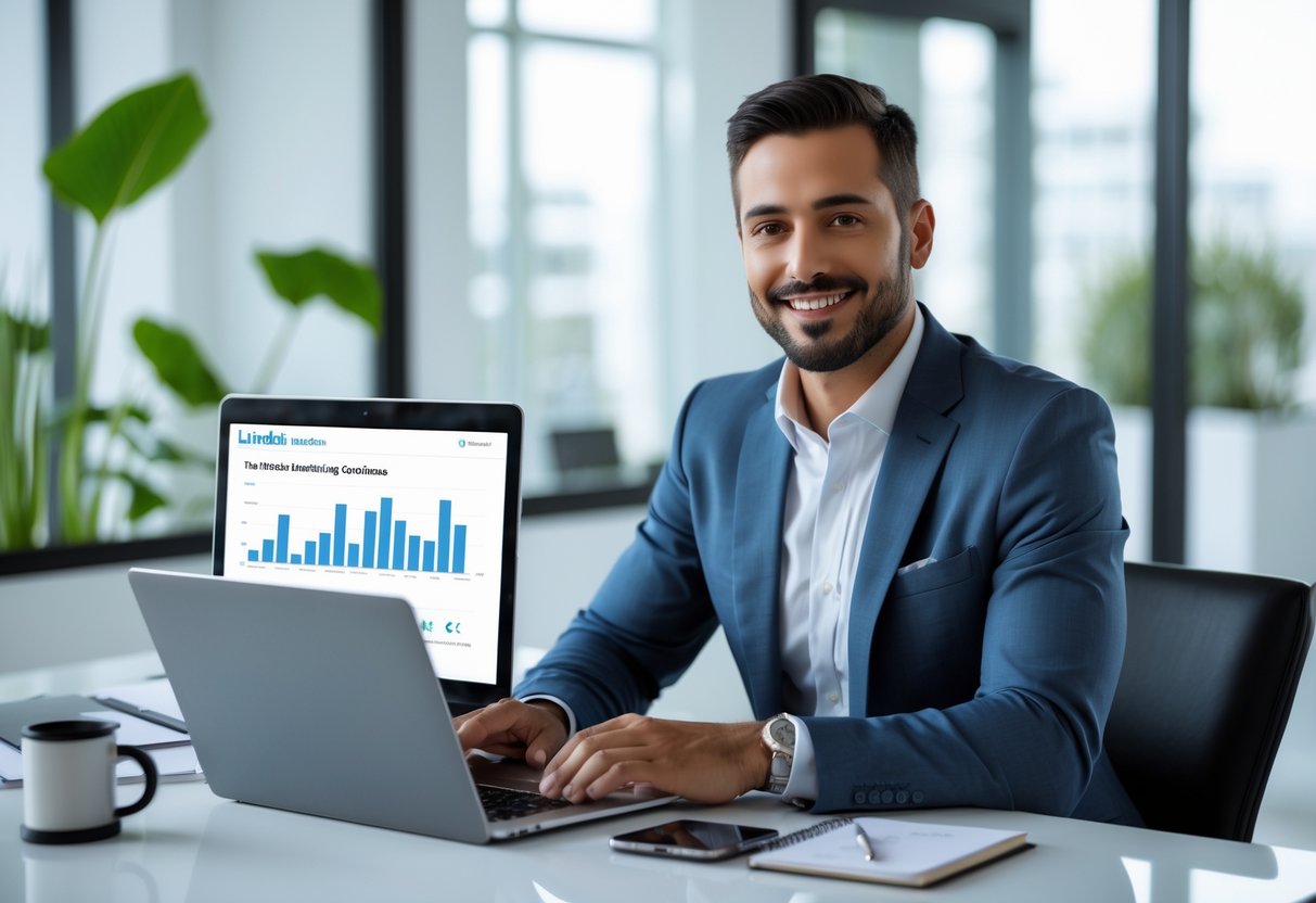 A business professional sitting at a desk with a laptop showing marketing graphs in a bright office.