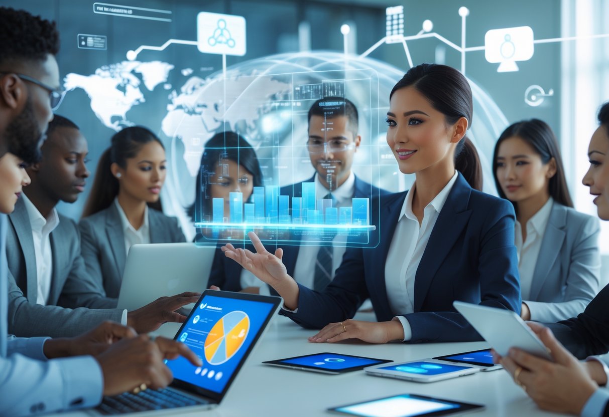 Business professionals collaborating in a modern office with digital charts and holographic screens showing marketing data.