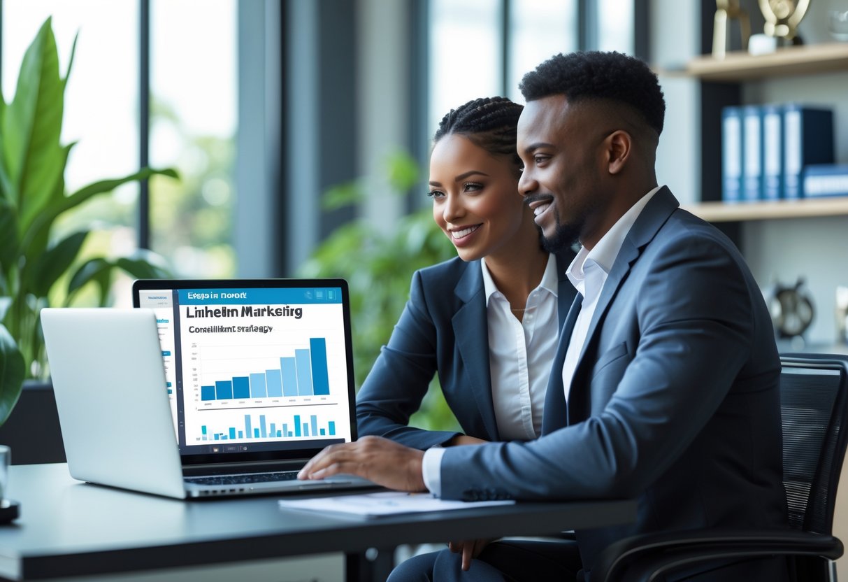 A marketing consultant and client discussing LinkedIn marketing strategy in a modern office setting.