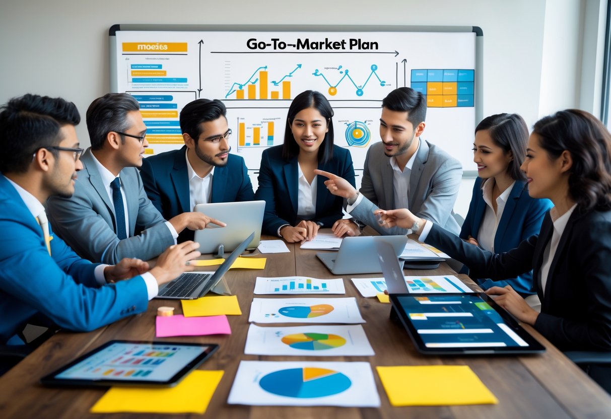 A group of business professionals collaborating around a table with laptops, charts, and sticky notes in an office.
