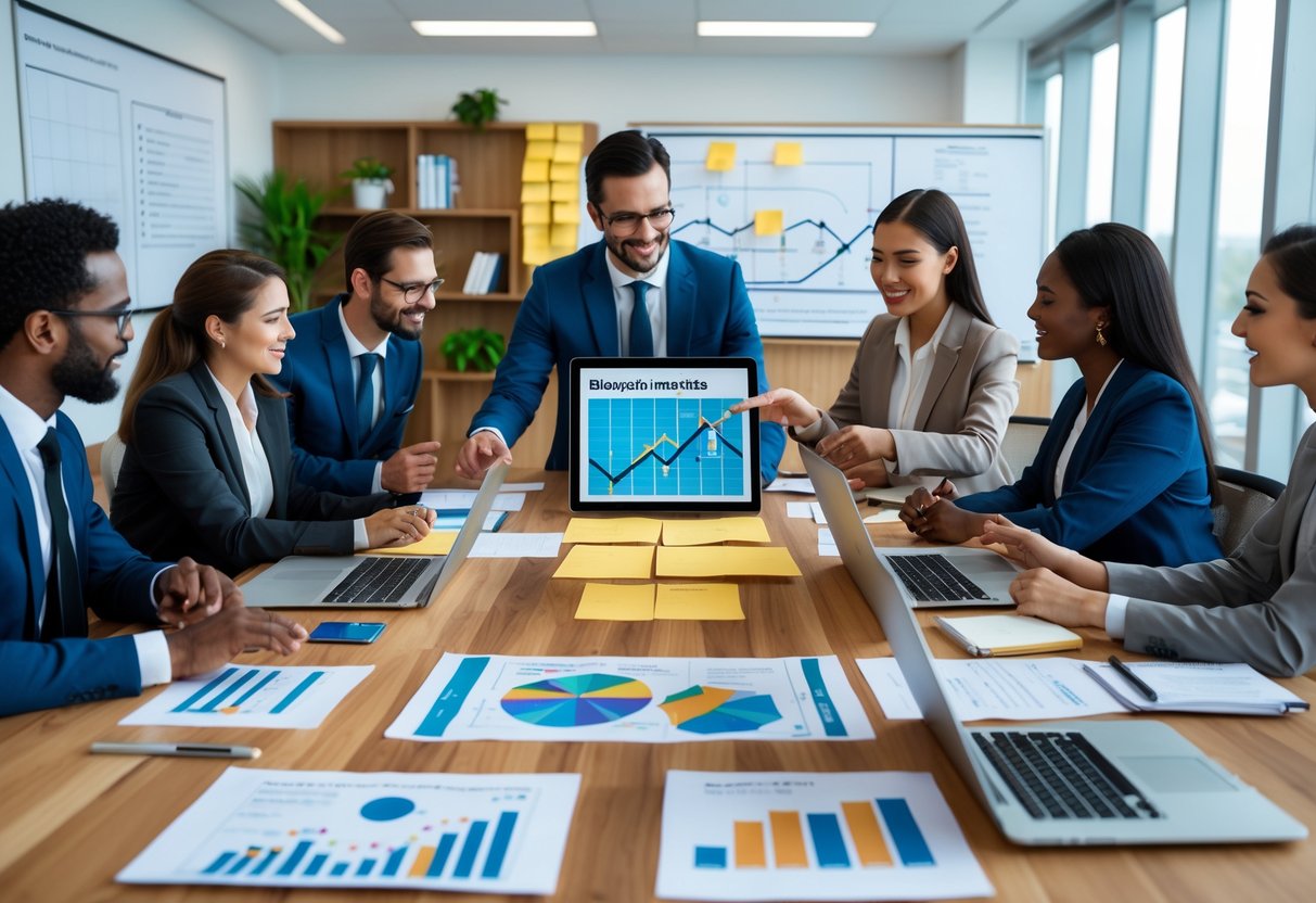 A group of business professionals collaborating around a table with laptops and documents in a bright conference room.