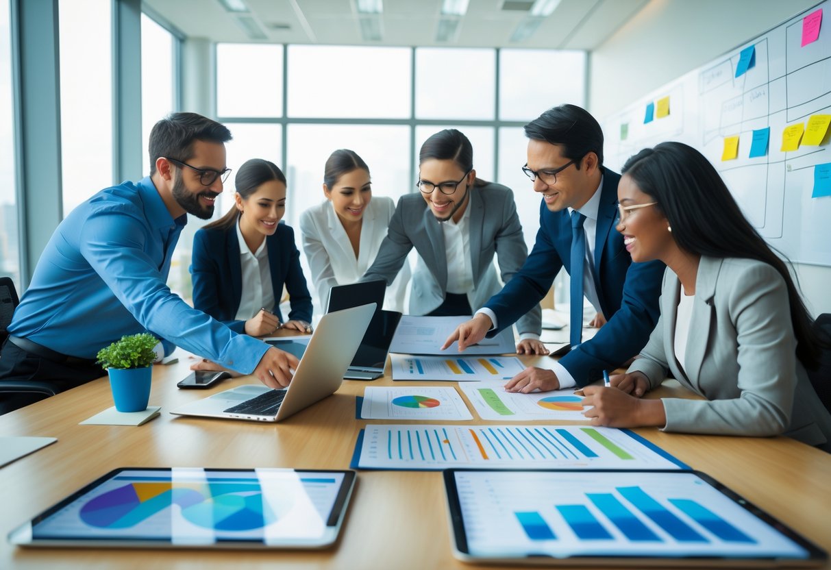 A group of business professionals collaborating around a table with laptops and charts in a bright conference room.