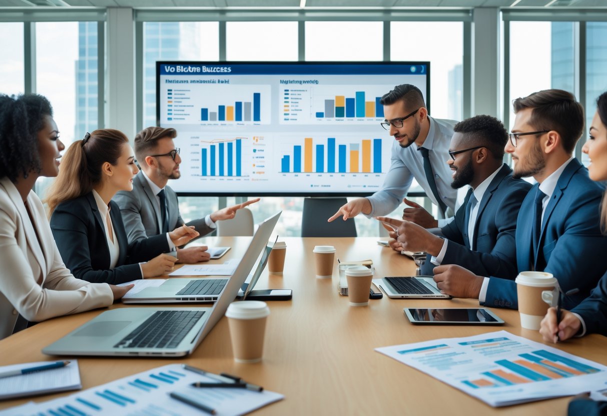 A group of business professionals collaborating around a conference table, reviewing charts and data during a meeting in a bright office.