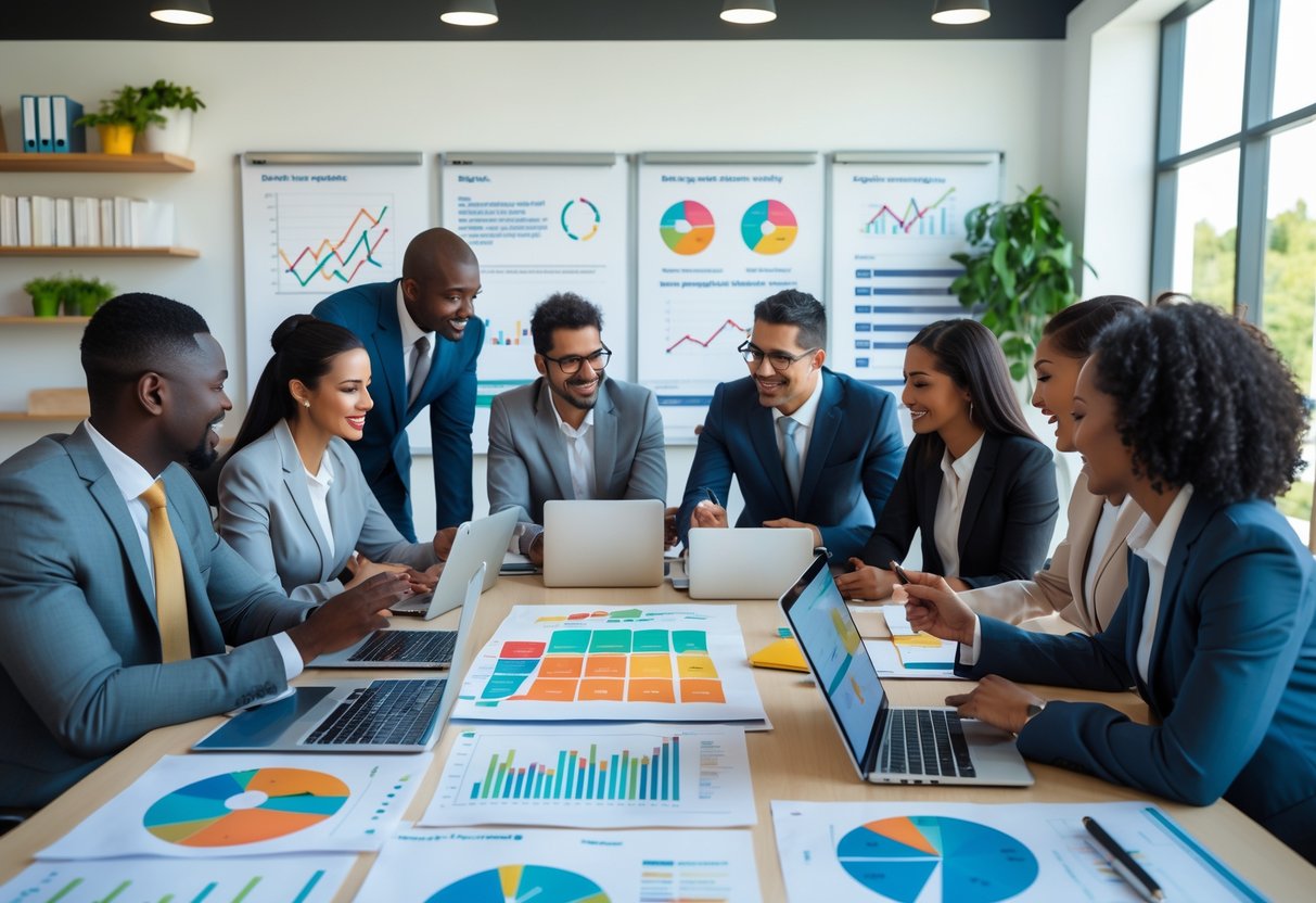 A group of business professionals collaborating around a conference table with documents and laptops, discussing a marketing plan.