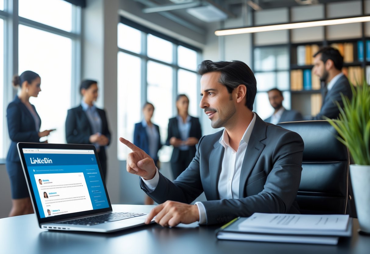 A business professional consulting with a client at a desk in a modern office, pointing at a laptop screen.