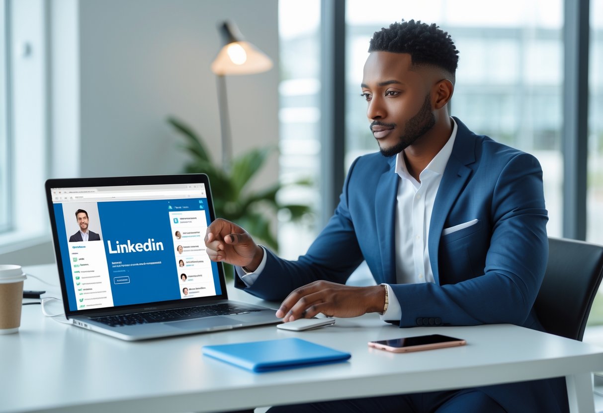A business professional sitting at a desk working on a laptop in a modern office, focused on optimizing a LinkedIn profile.