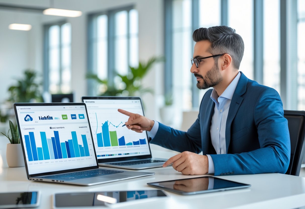 A business consultant analyzing social media campaign data on digital devices in a modern office.