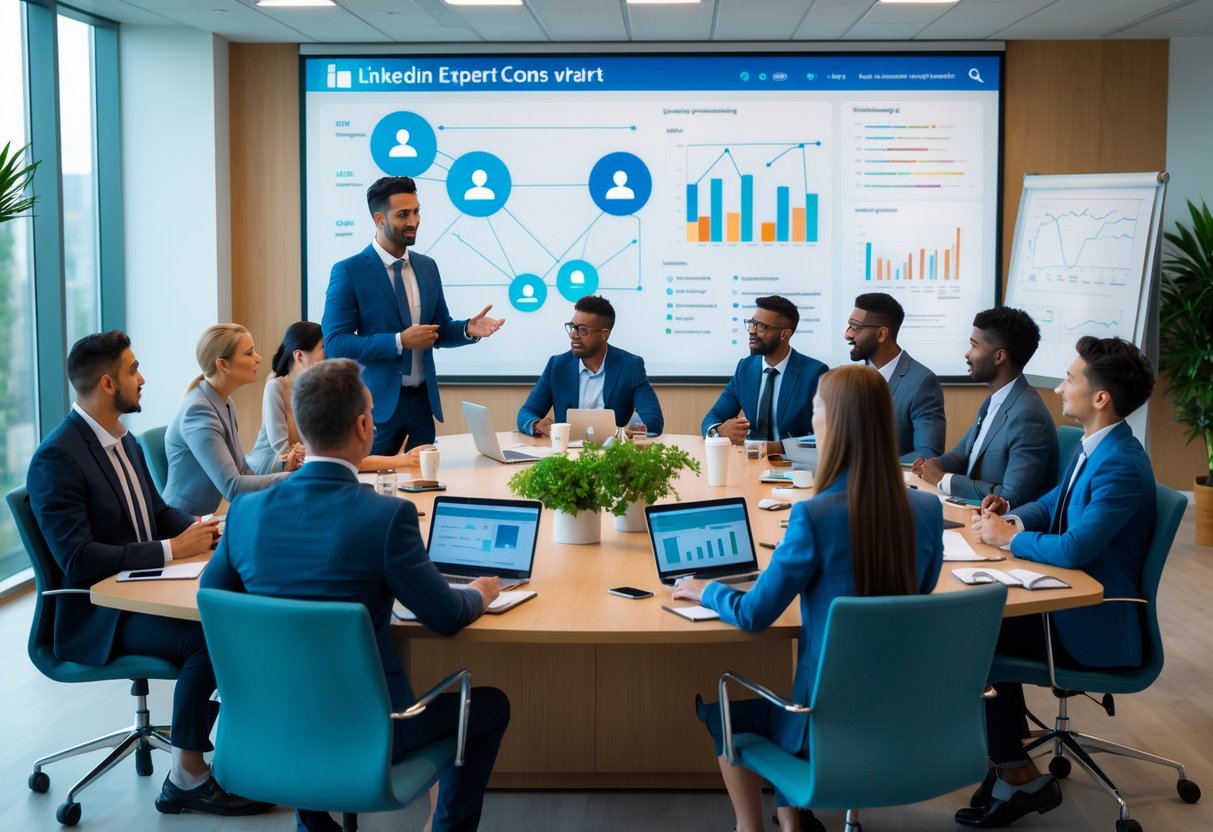 A group of business professionals attending a training session led by a consultant in a modern conference room.