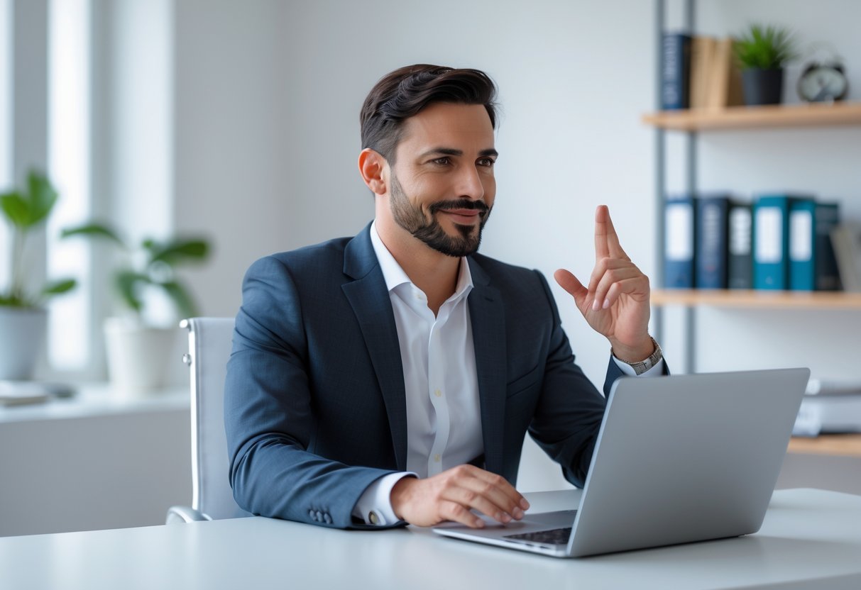 A business professional consulting with a client in a modern office, sitting at a desk with a laptop.