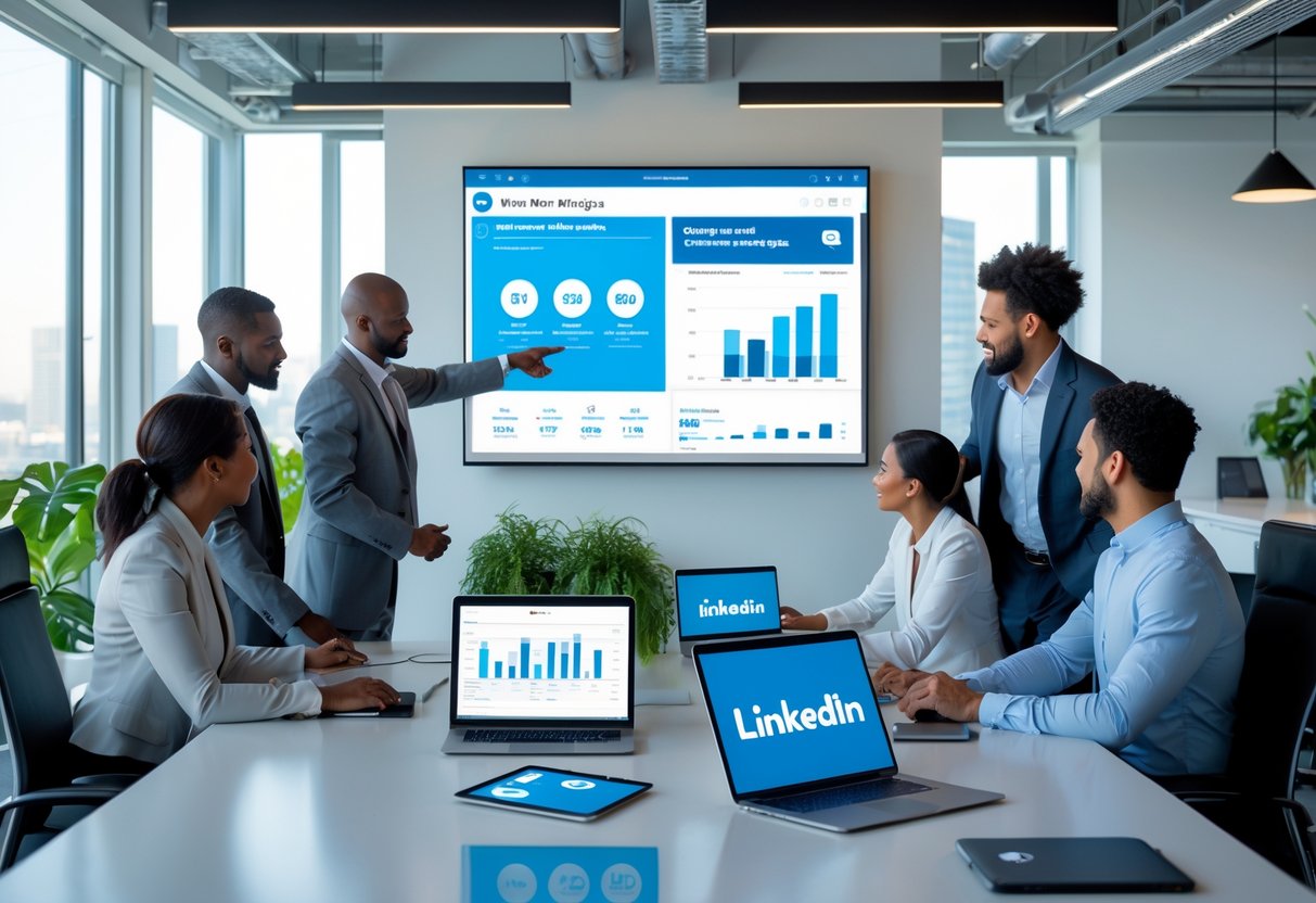 Business professionals collaborating around a table with digital devices showing marketing data in a modern office.