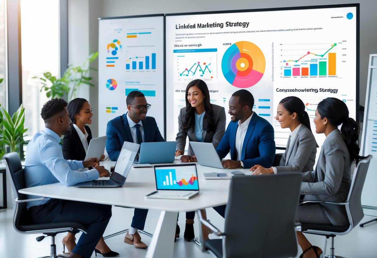 A group of business professionals collaborating around a conference table with laptops and charts, discussing digital marketing strategy in a bright office.