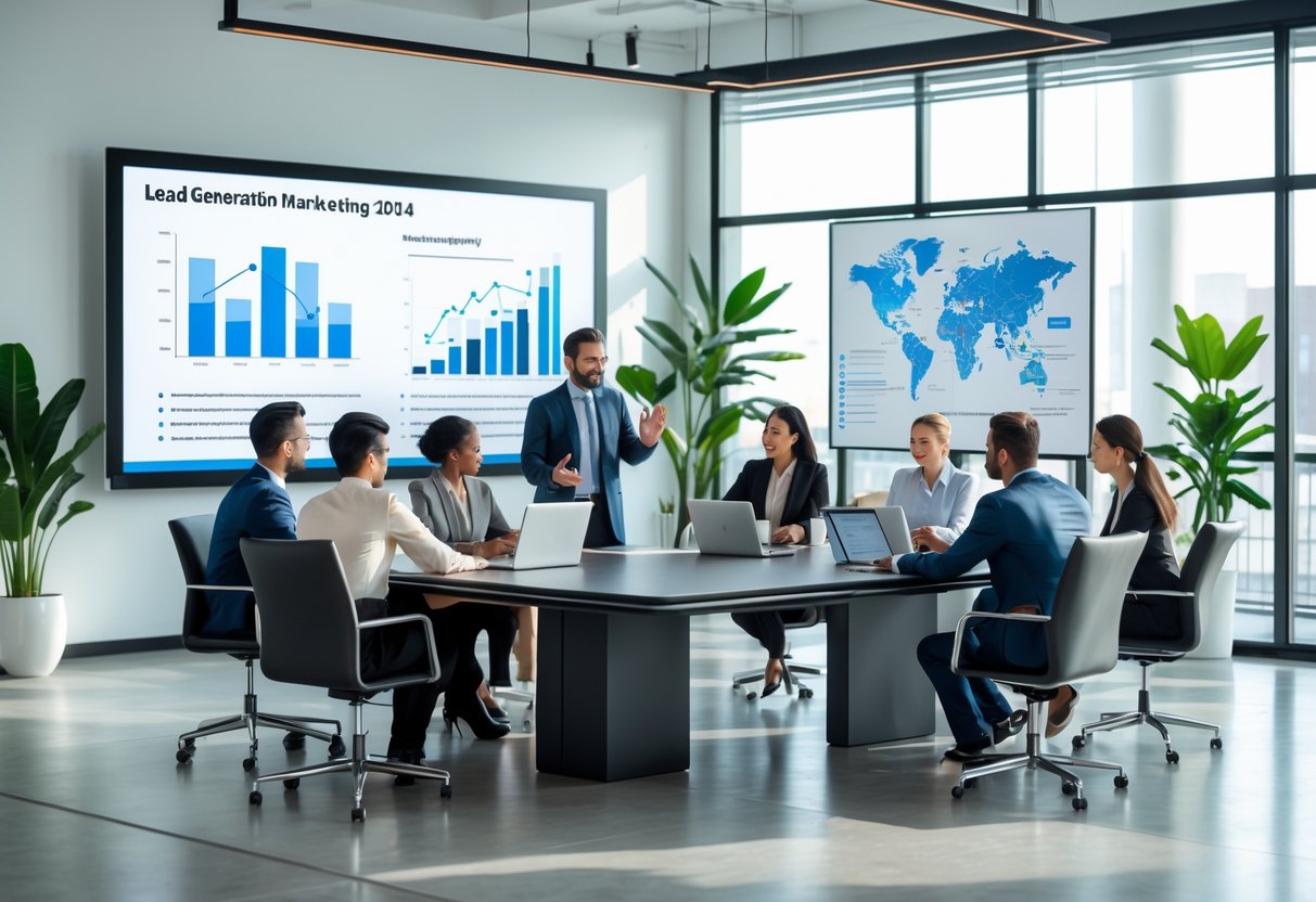 A group of businesspeople in a meeting room discussing marketing strategy with charts and graphs on a digital screen.