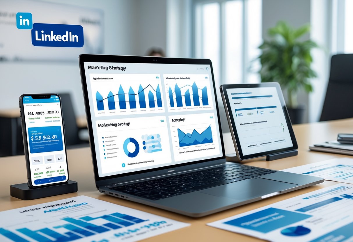 A modern workspace with a laptop showing marketing analytics, a smartphone, tablet, and printed marketing documents on a desk in a bright office.