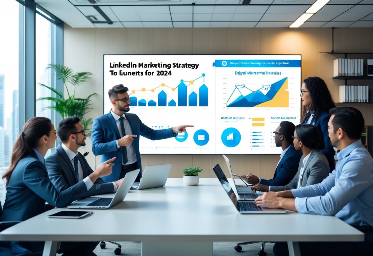 A group of business professionals in a modern office collaborating around a conference table with digital devices and a large screen displaying marketing visuals.