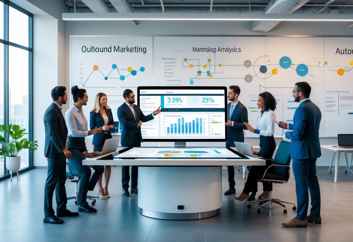 A group of business professionals collaborating around a digital touchscreen table with marketing charts and data in a modern office.
