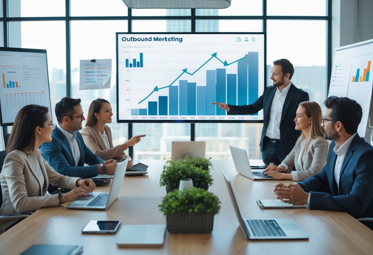 Business professionals collaborating around a conference table reviewing charts and digital data on a large screen in a bright office.