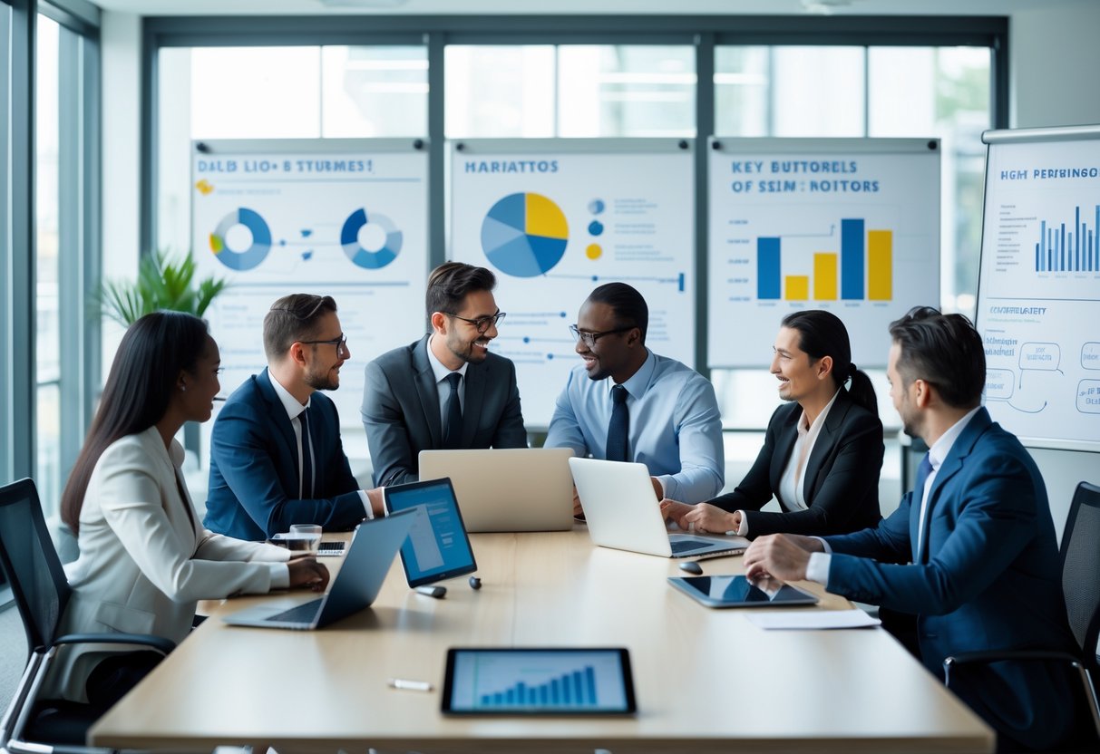 A group of business professionals collaborating around a conference table with laptops and charts in a bright office.