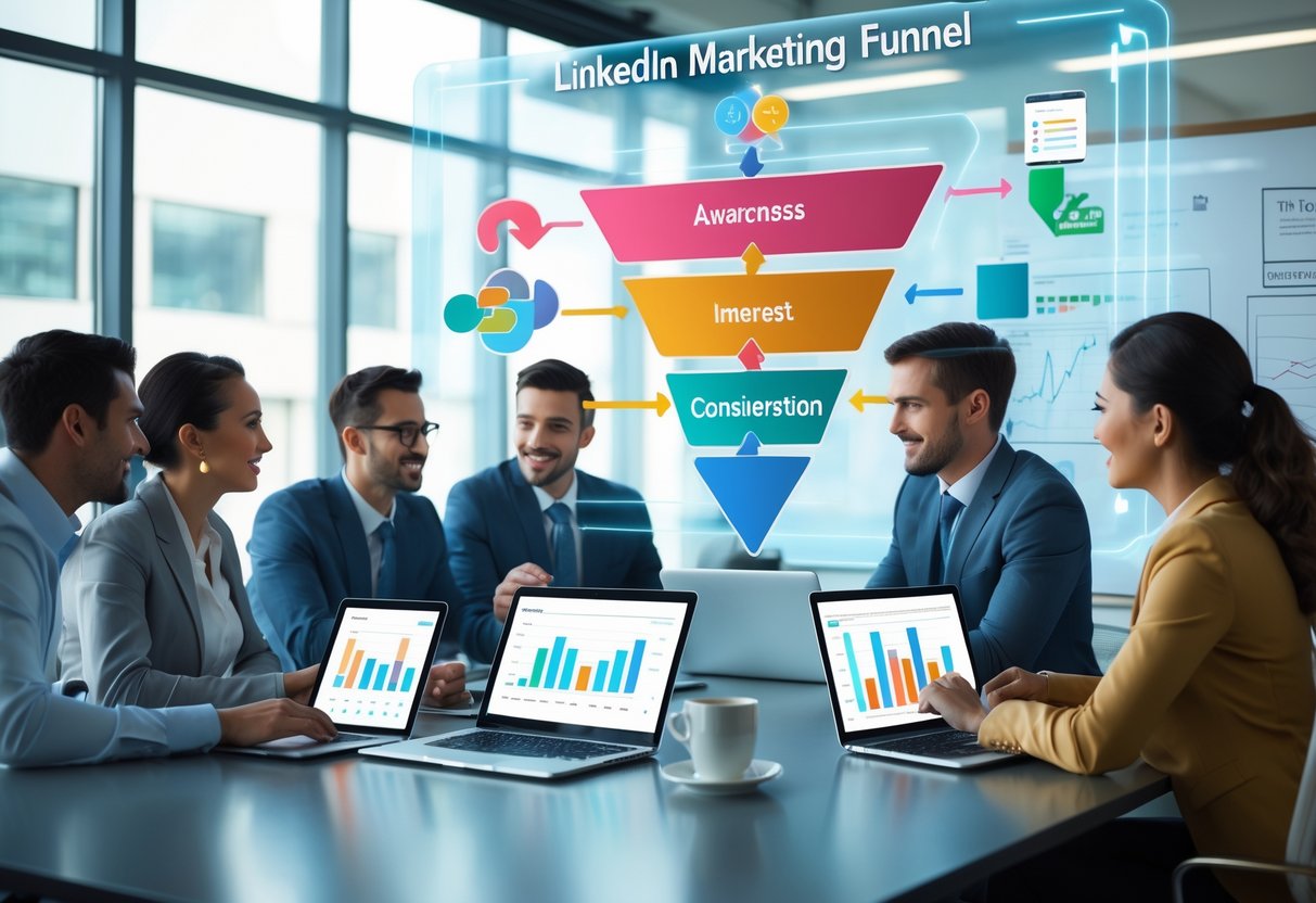 A group of business professionals collaborating around a table with digital devices showing charts and a visual marketing funnel displayed on a transparent screen in a bright office.
