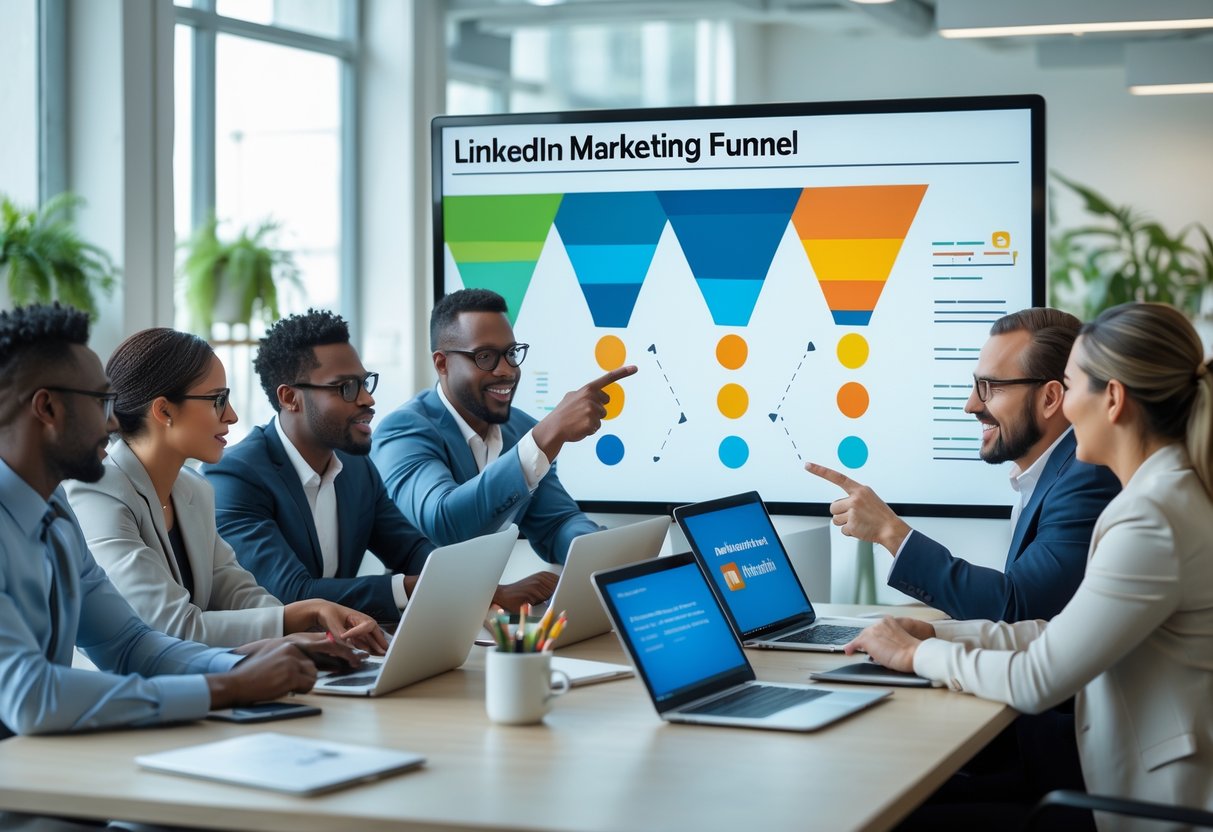A group of business professionals in a modern office gathered around a table, looking at a digital screen showing a marketing funnel diagram.