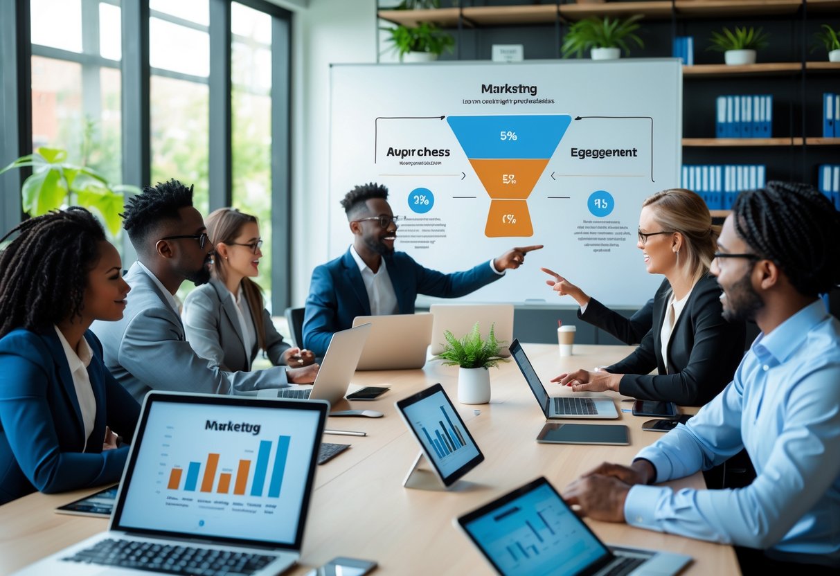 A diverse group of business professionals collaborating around a conference table with laptops and a digital screen showing a marketing funnel.