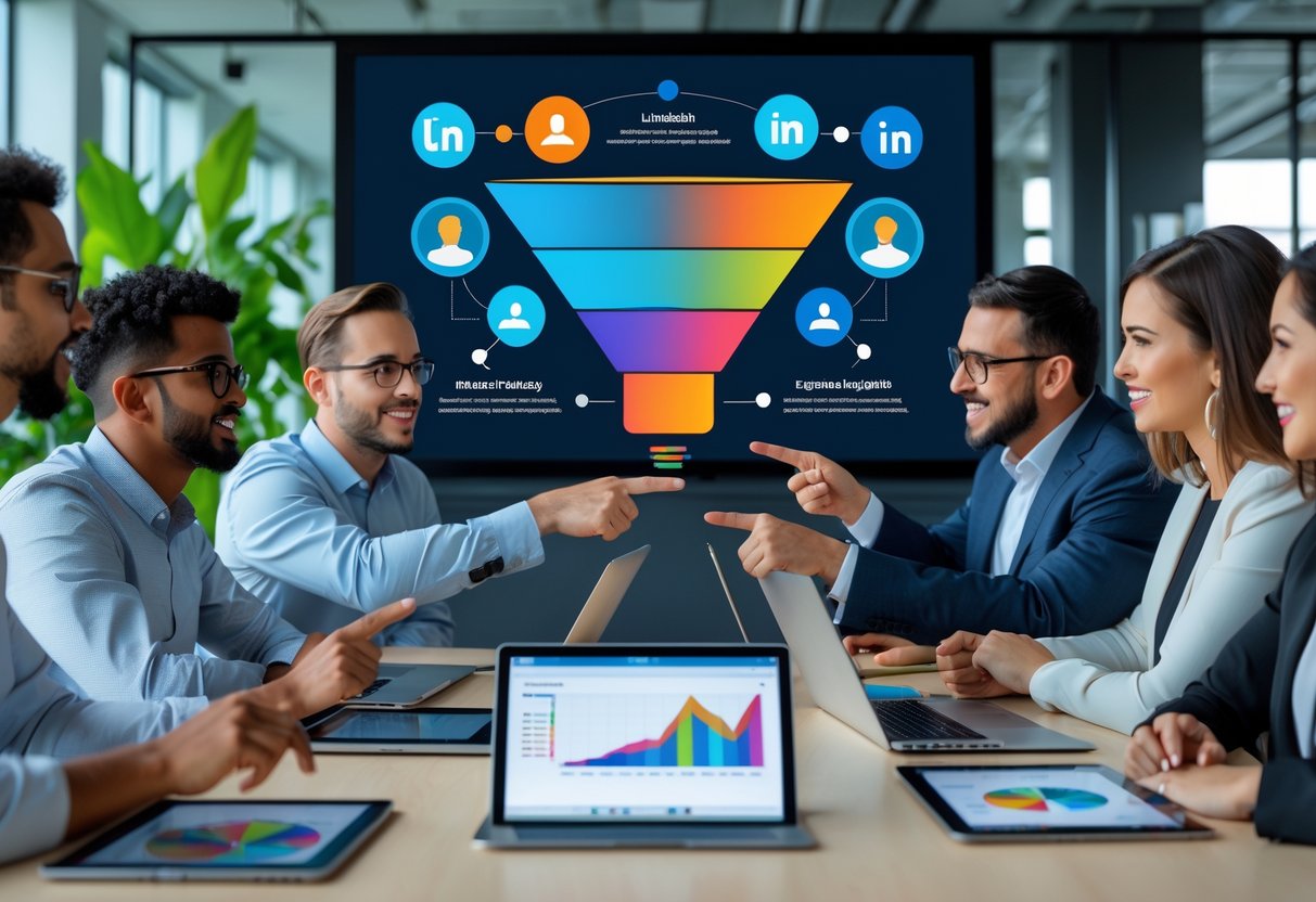 A diverse team of marketing professionals collaborating around a table with digital devices and a large screen showing a marketing funnel diagram.