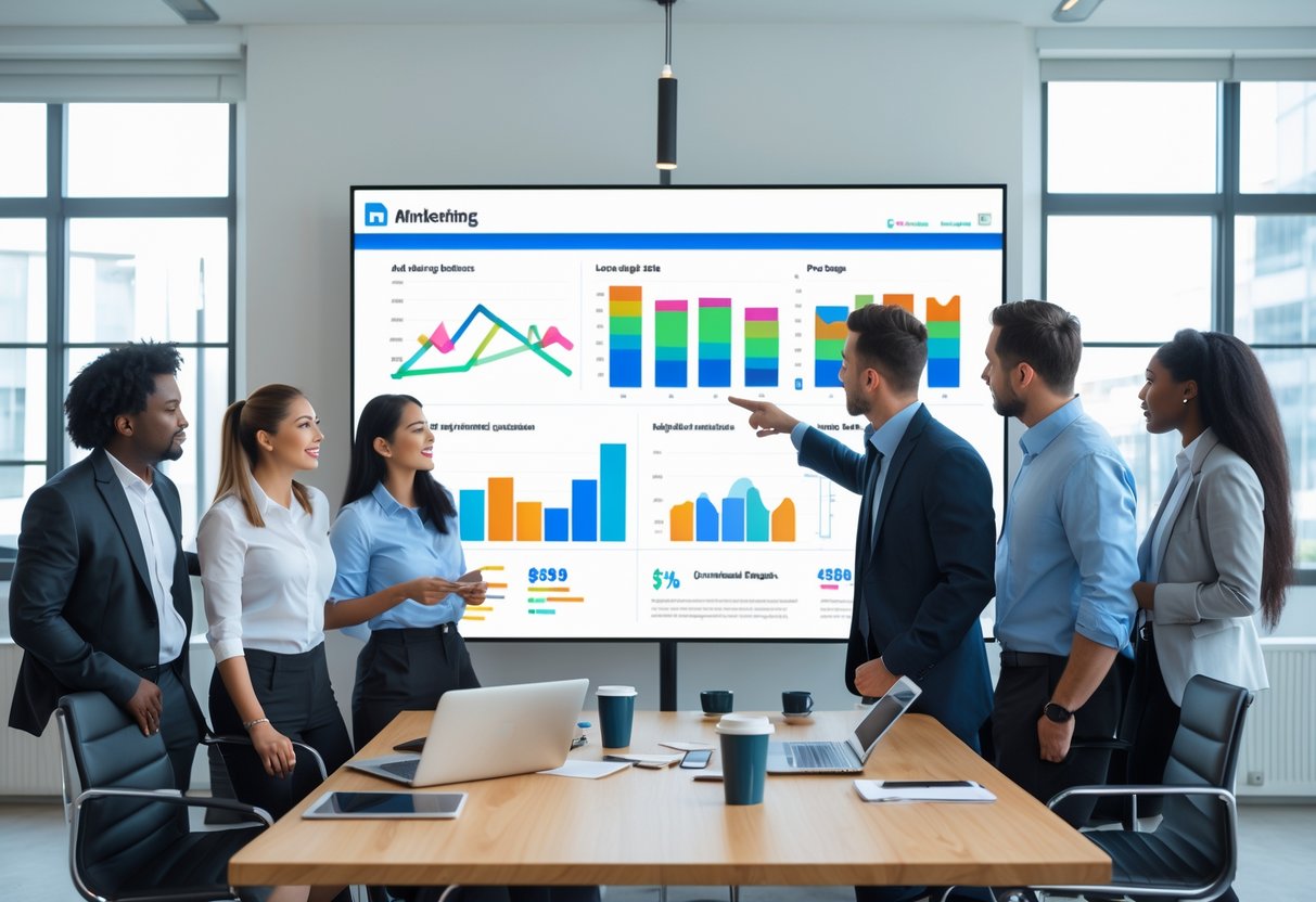 A group of business professionals discussing charts and analytics on a computer screen in a bright modern office.